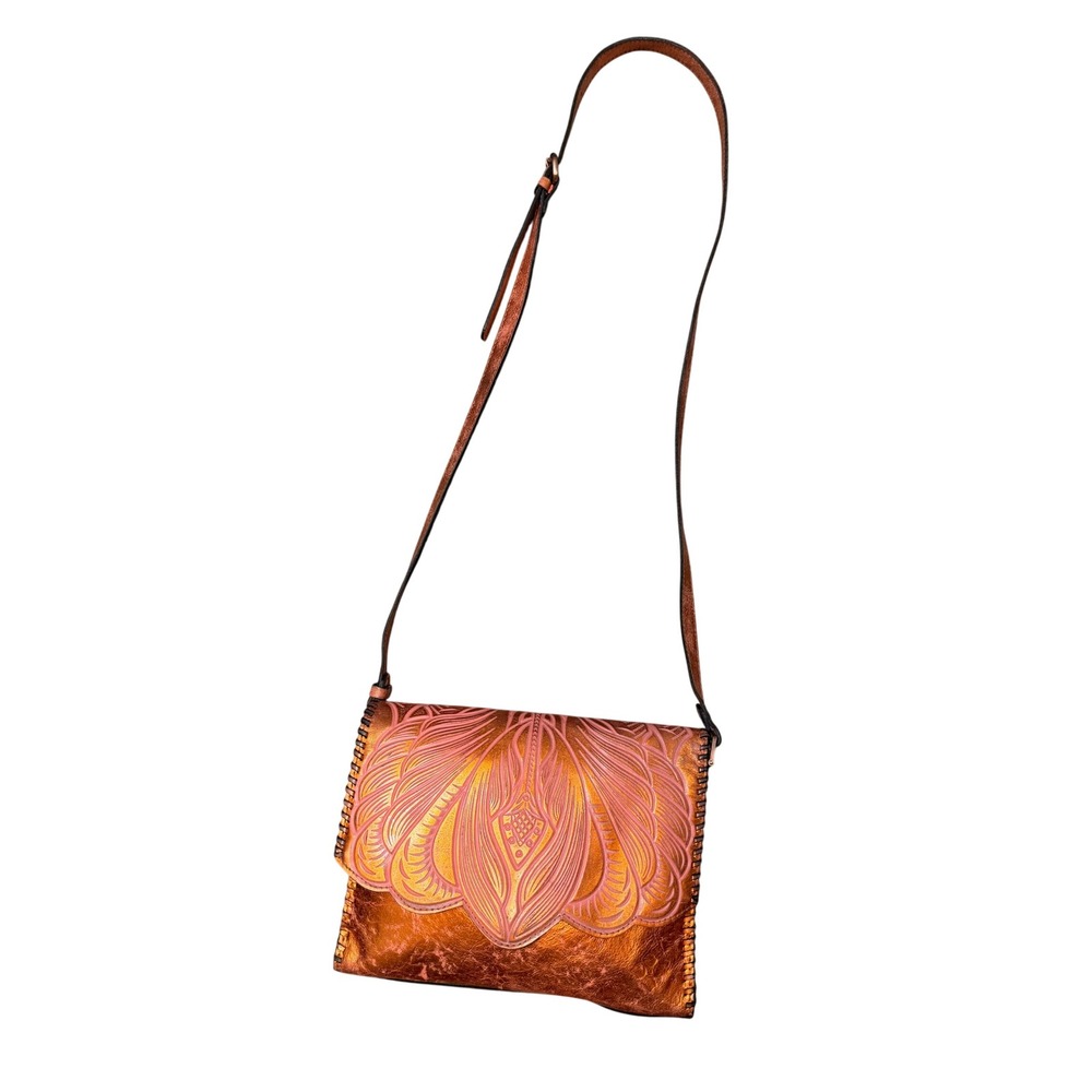 Patricia Nash Metallic Copper Pink Embossed Leather Crossbody Bag Whipstitch - Picture 5 of 10